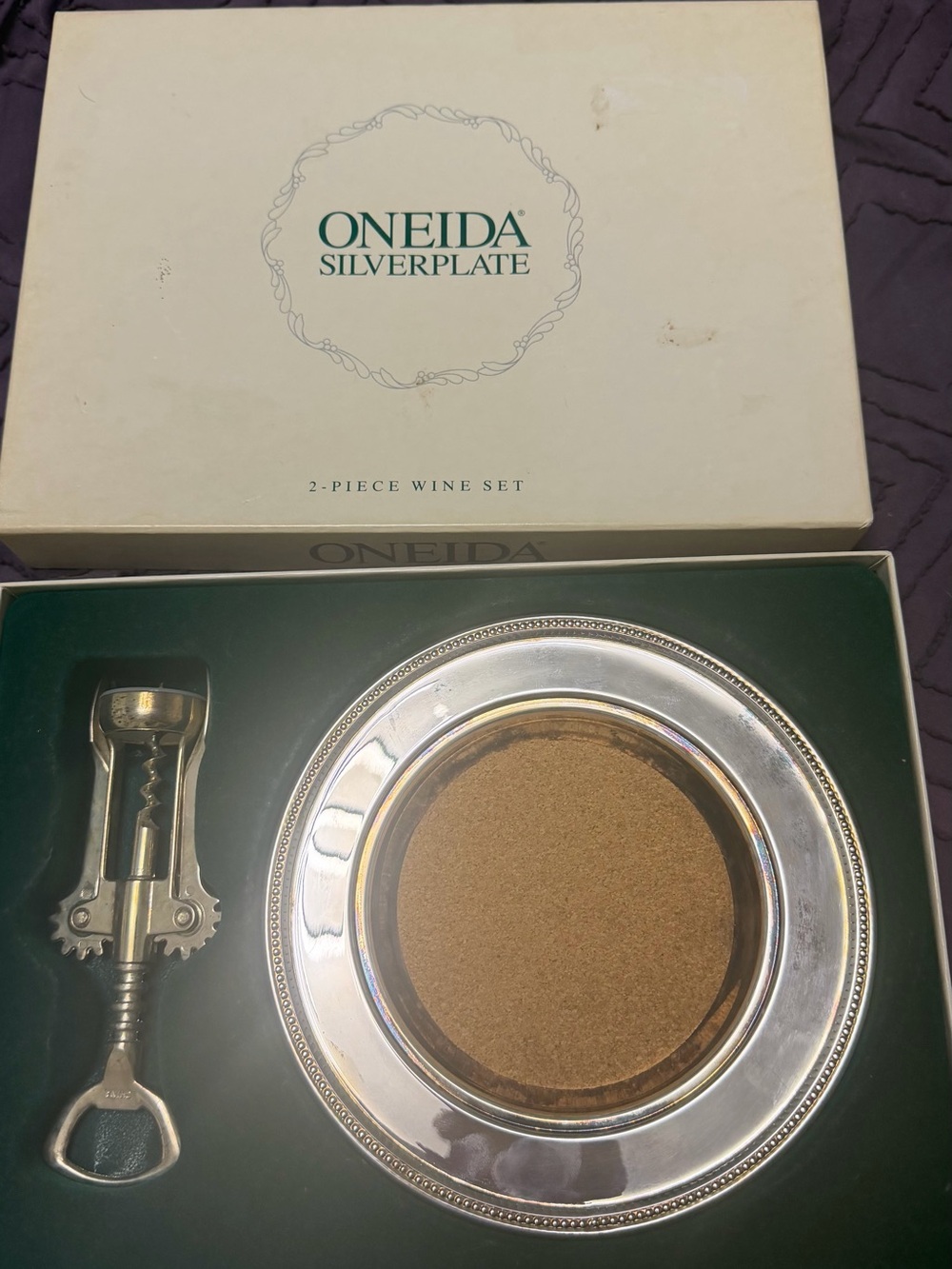 Oneida Silverplate Silver Wine Coaster and Wing Corkscrew Set
